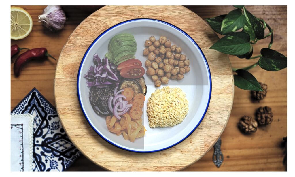 The plate method - Whole Grains. Plate with plant-based proteins, whole grains, fruits and vegetables.